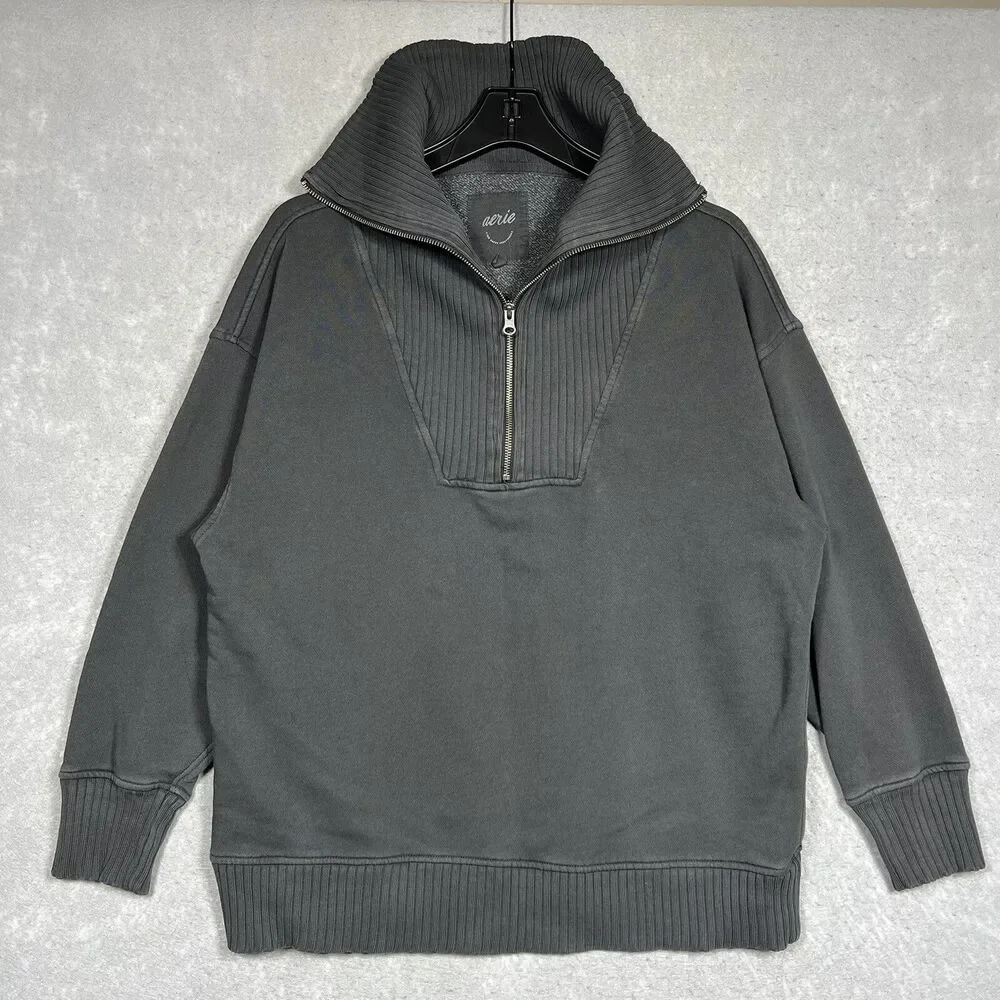Aerie Sweater Women’s Small Gray 1/4 Zipper Mock Neck Sailor Collar Sweatshirt